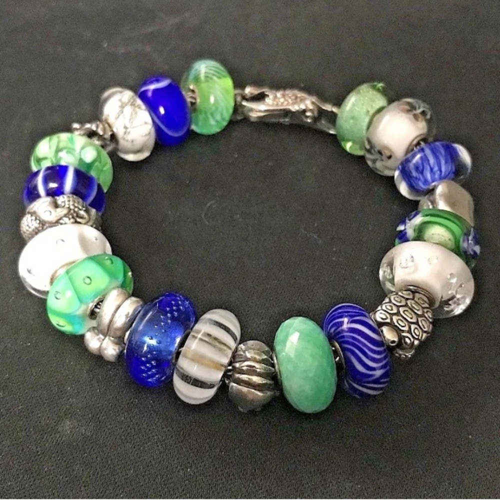 Trollbeads 8.3” Bracelet Royal Blue Green White Swan Lock incl RETIRED & OOAK
